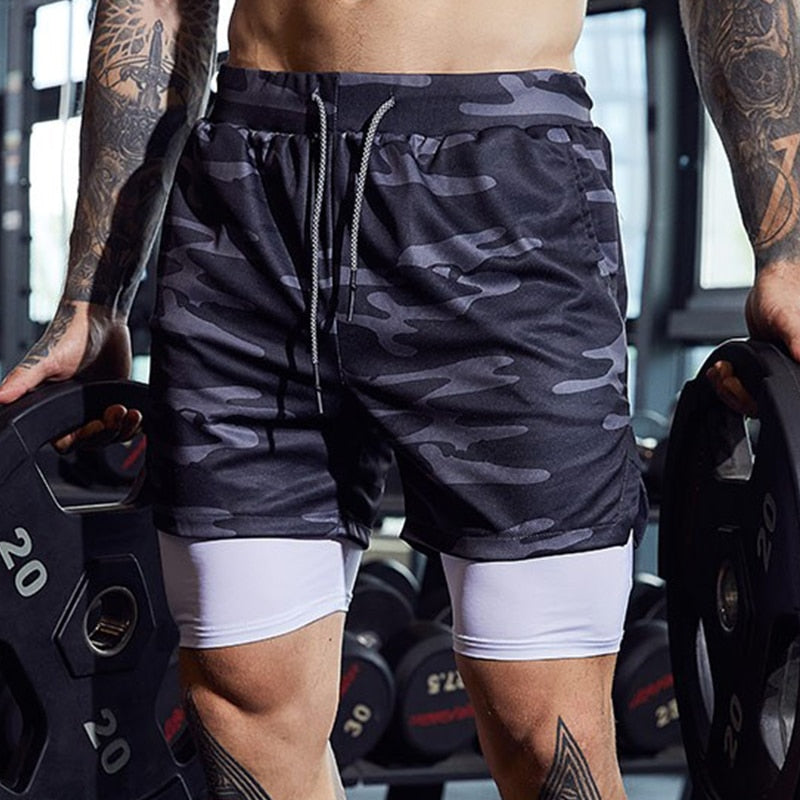 AthletiFit Moisture wicking Men's Double-deck Exercise Shorts with inside pocket