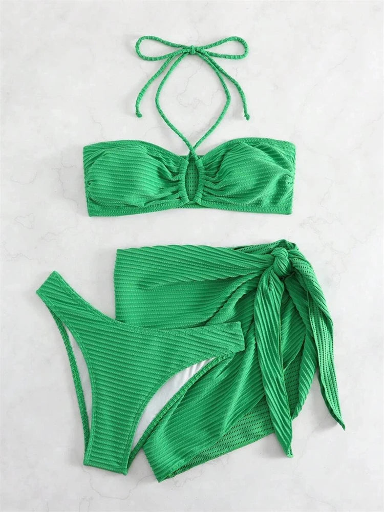 New Solid Ribbed Halter 3 Piece Bikini Set