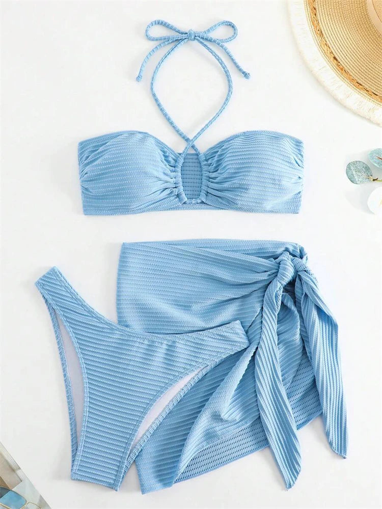 New Solid Ribbed Halter 3 Piece Bikini Set