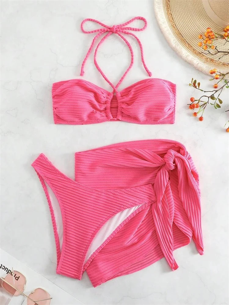 New Solid Ribbed Halter 3 Piece Bikini Set