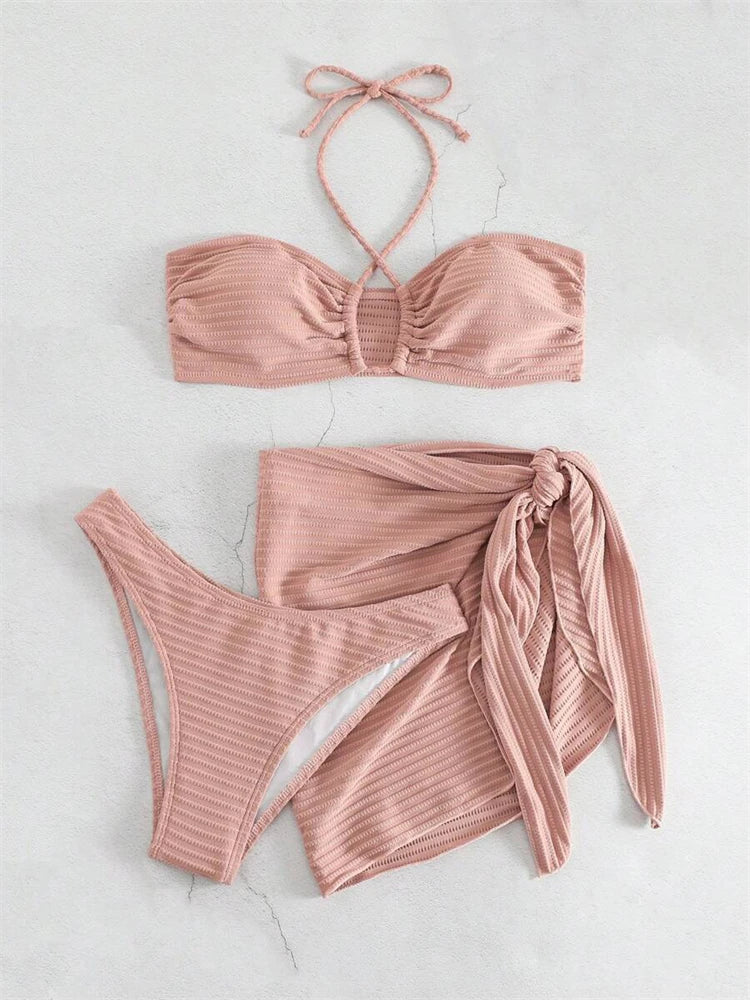 New Solid Ribbed Halter 3 Piece Bikini Set